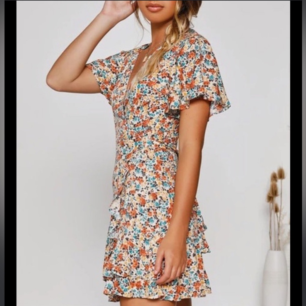 Floral Print Ruffle Trim Casual Short Wrap Dress